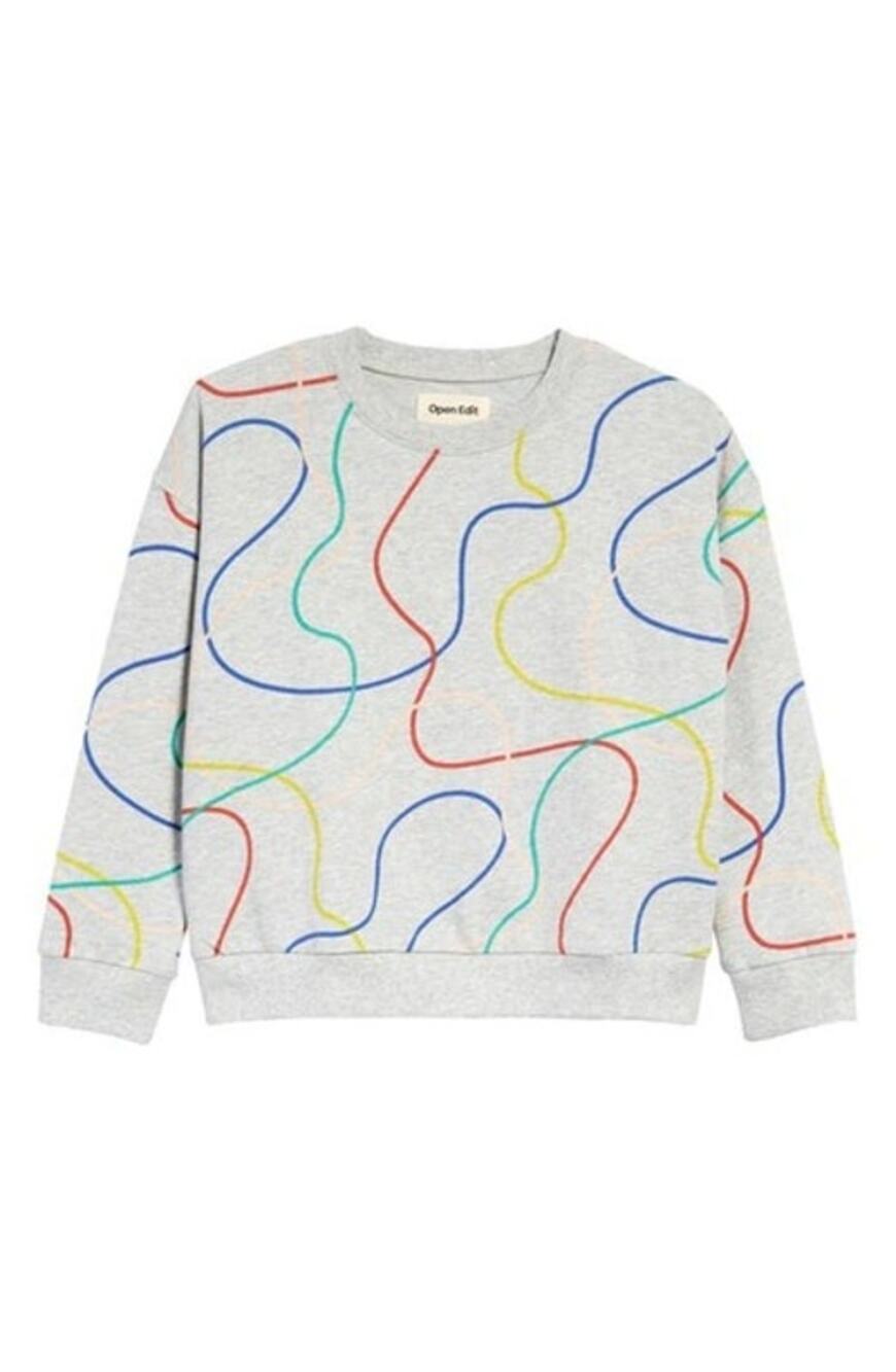 Open Edit girls mosaic print doodle lines gray long sleeve  sweatshirt size 2
